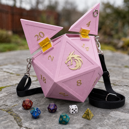 Rose Pink D20 Dice Bag open on amber latches, gold dragon and numerals, black strap, dice scattered on stone
