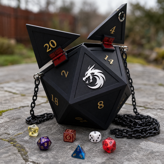 Matte Black D20 Dice Bag open at the top on red latches, gold numerals and silver dragon emblem, polyhedral dice scattered on stone