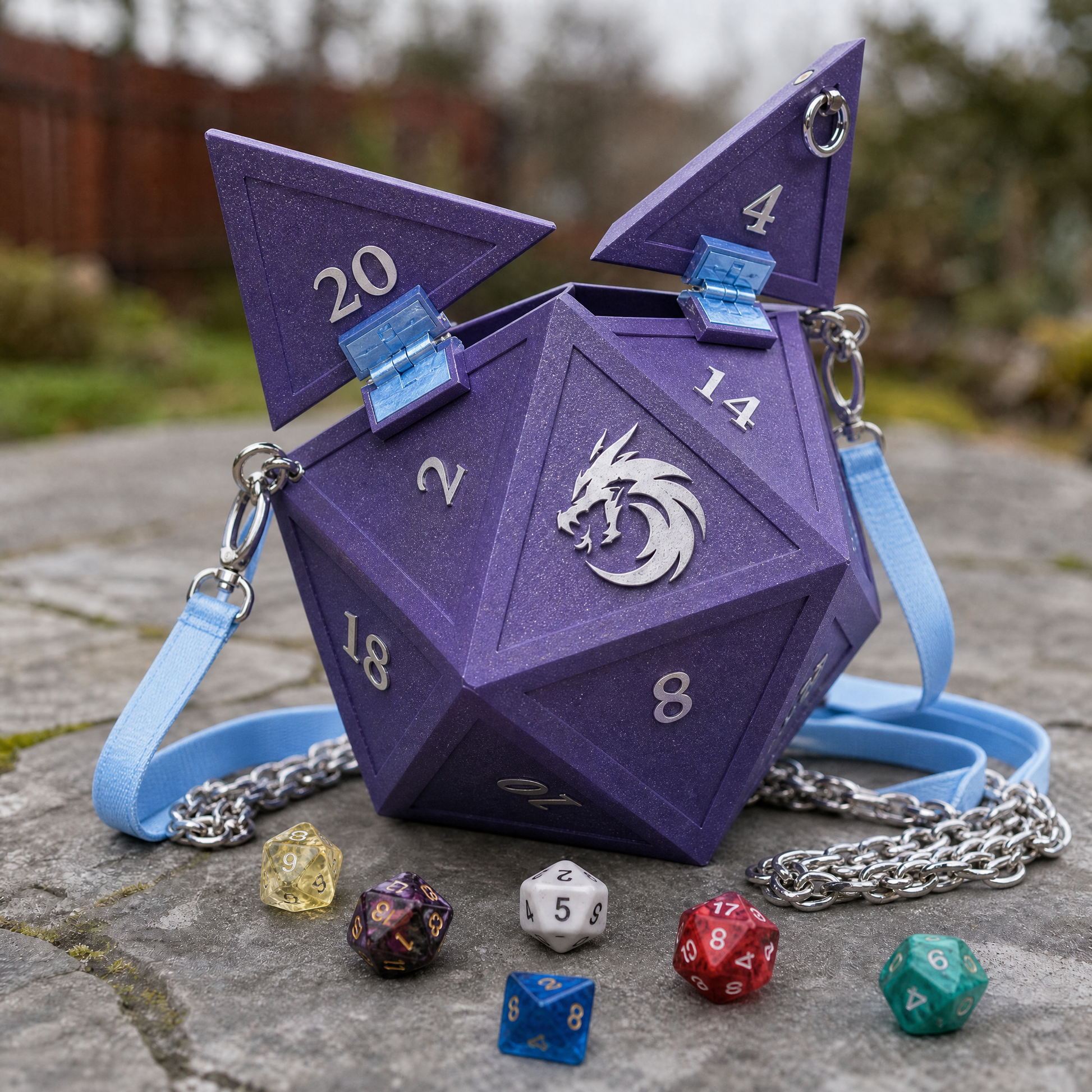 Purple glitter D20 Dice Bag open on icy-blue latches, silver dragon and numerals, dice scattered on stone