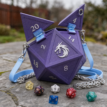 Purple glitter D20 Dice Bag open on icy-blue latches, silver dragon and numerals, dice scattered on stone