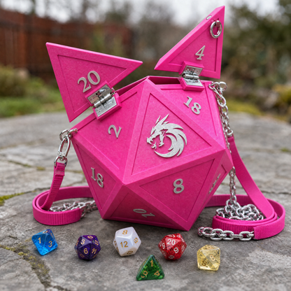 Hot Pink glitter D20 Dice Bag open on chrome latches, silver dragon emblem, dice scattered on stone