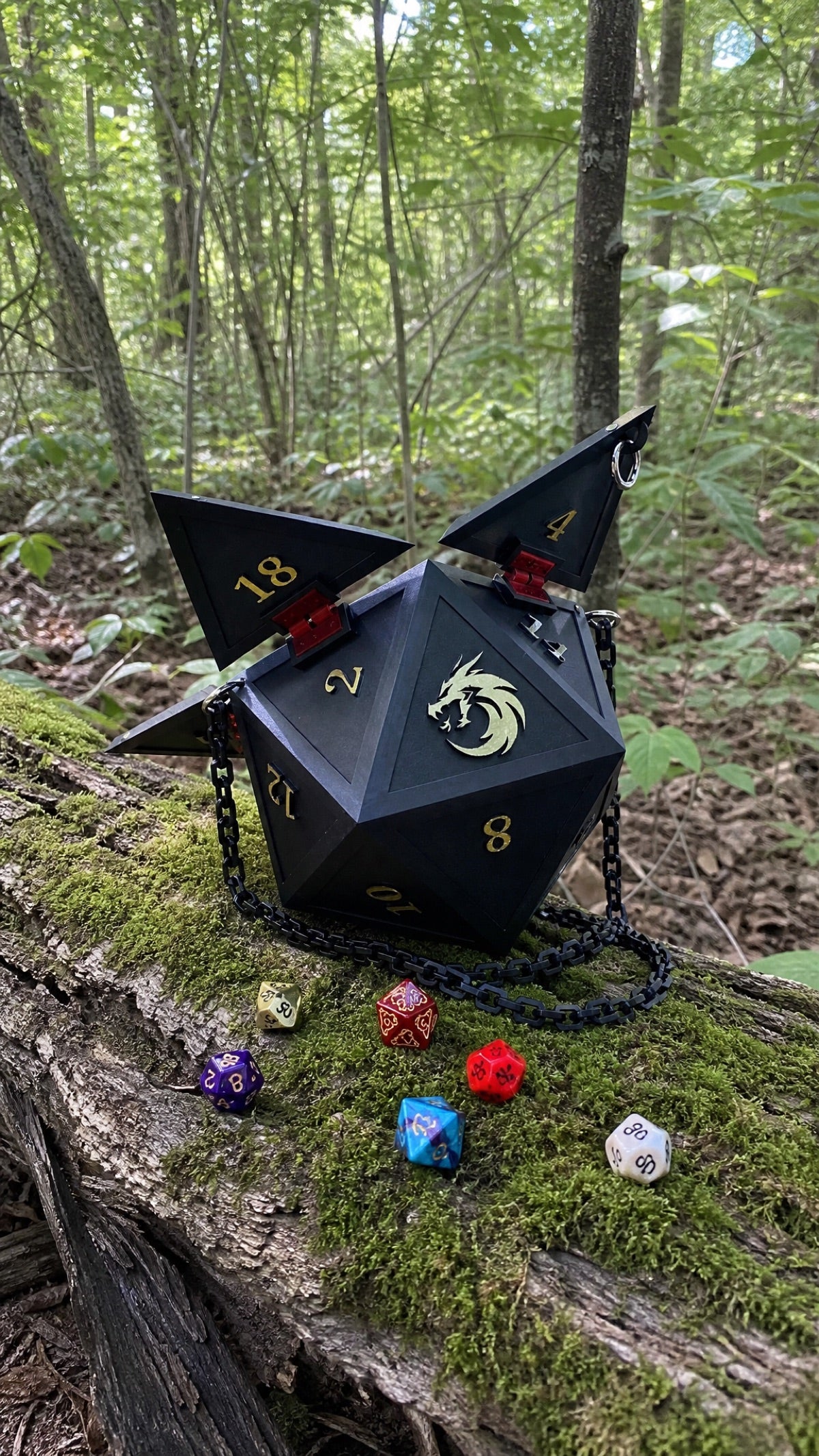 Matte Black D20 Dice Bag with gold numerals and dragon emblem, on pavement