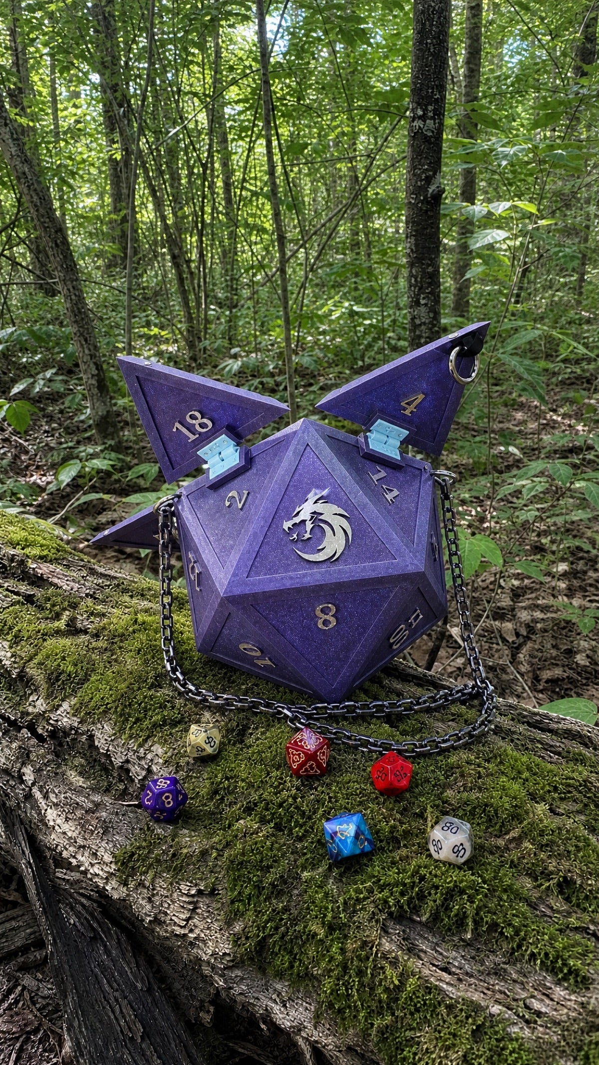 Purple D20 Dice Bag with silver dragon emblem and gold numerals