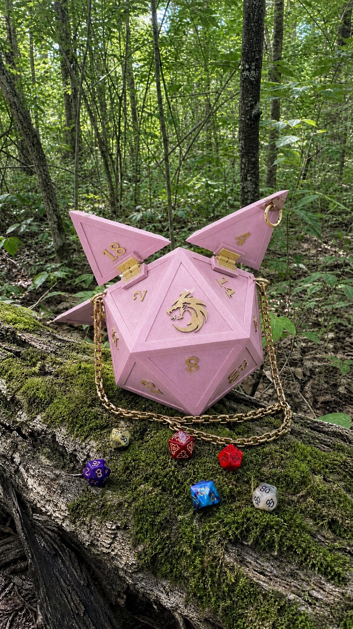 Rose Pink D20 Dice Bag with gold dragon emblem and gold chain strap